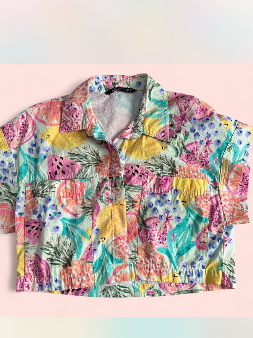 Zara Cropped Button Up Summer Tropical Fruit Print T Shirt Multicolor
